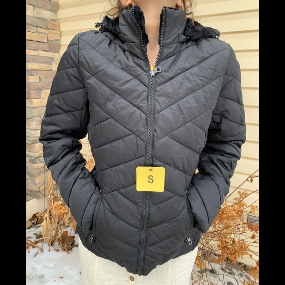Nautica black water resistant puffer quilted faux fur lined hood jacket, Warm, S